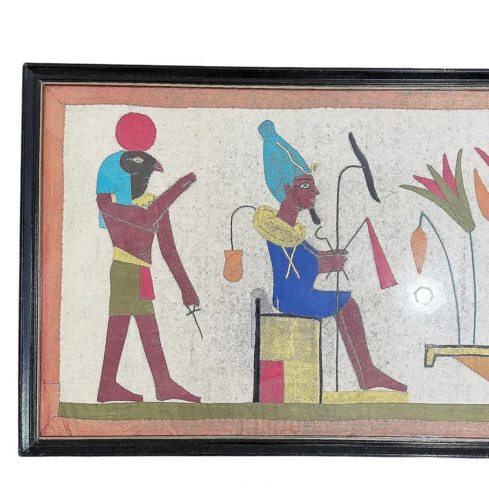 Vintage Handmade Egyptian Papyrus Framed Wall Art Horus Anubis Isis 49
